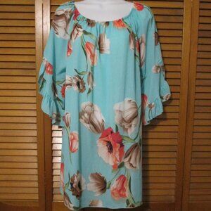 Lilypad tunic top aqua blue w/flowers, lightweight. blousy ruffle sleeves sz. L